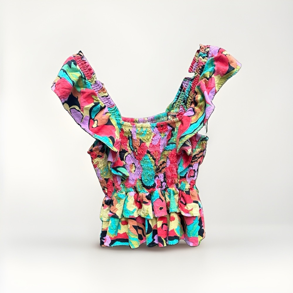 THML Women XL Abstract Floral Smocked Peplum Top Ruffle Strap Multi-Color Cotton